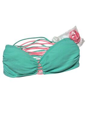 Arizona Jean Bandeau Bikini Top Size Large Teal Pink Strappy Back Padded